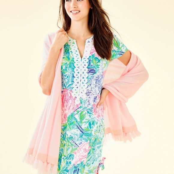 Lilly Pulitzer Take Me Away Cashmere Wrap Tassels Lurex Pink Gold Women's Scarf - Picture 2 of 11